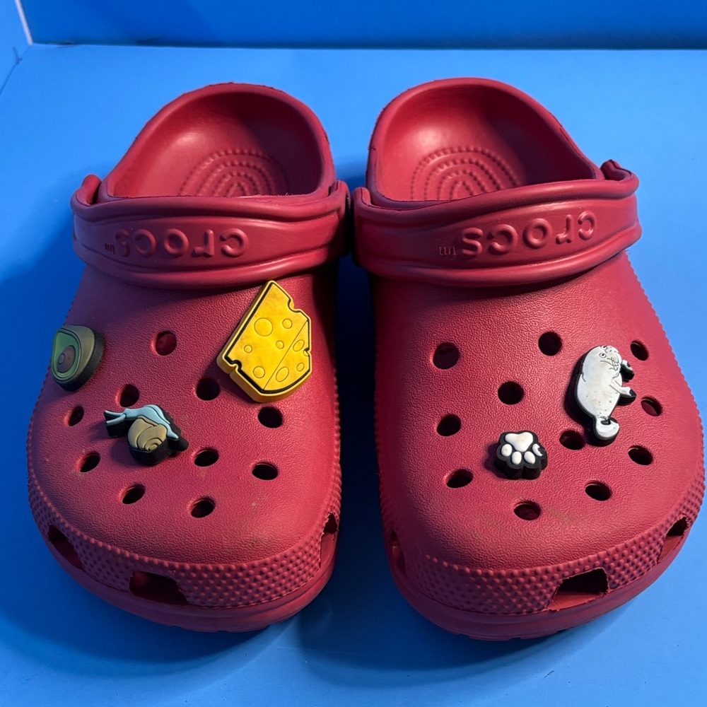 CROCS Kids Red Sandals with Fun Charms J 2 Excellent Condition